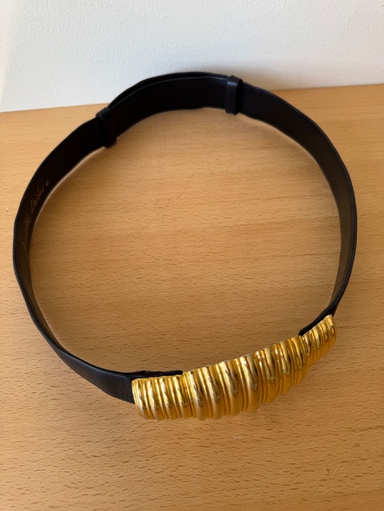 Vintage Judith Leiber Wide Black Leather Belt Ribbed Gold Tone Hinged Adjustable main image 12